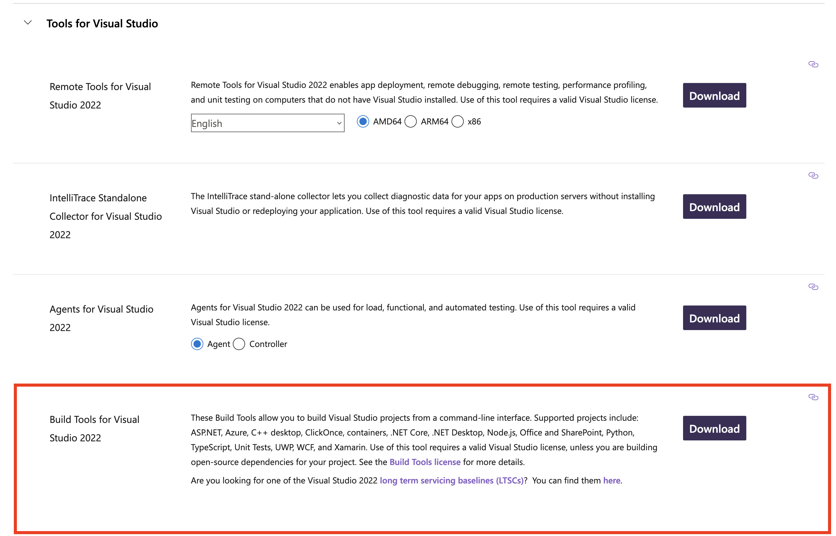 VS Build Tools Website Screenshot